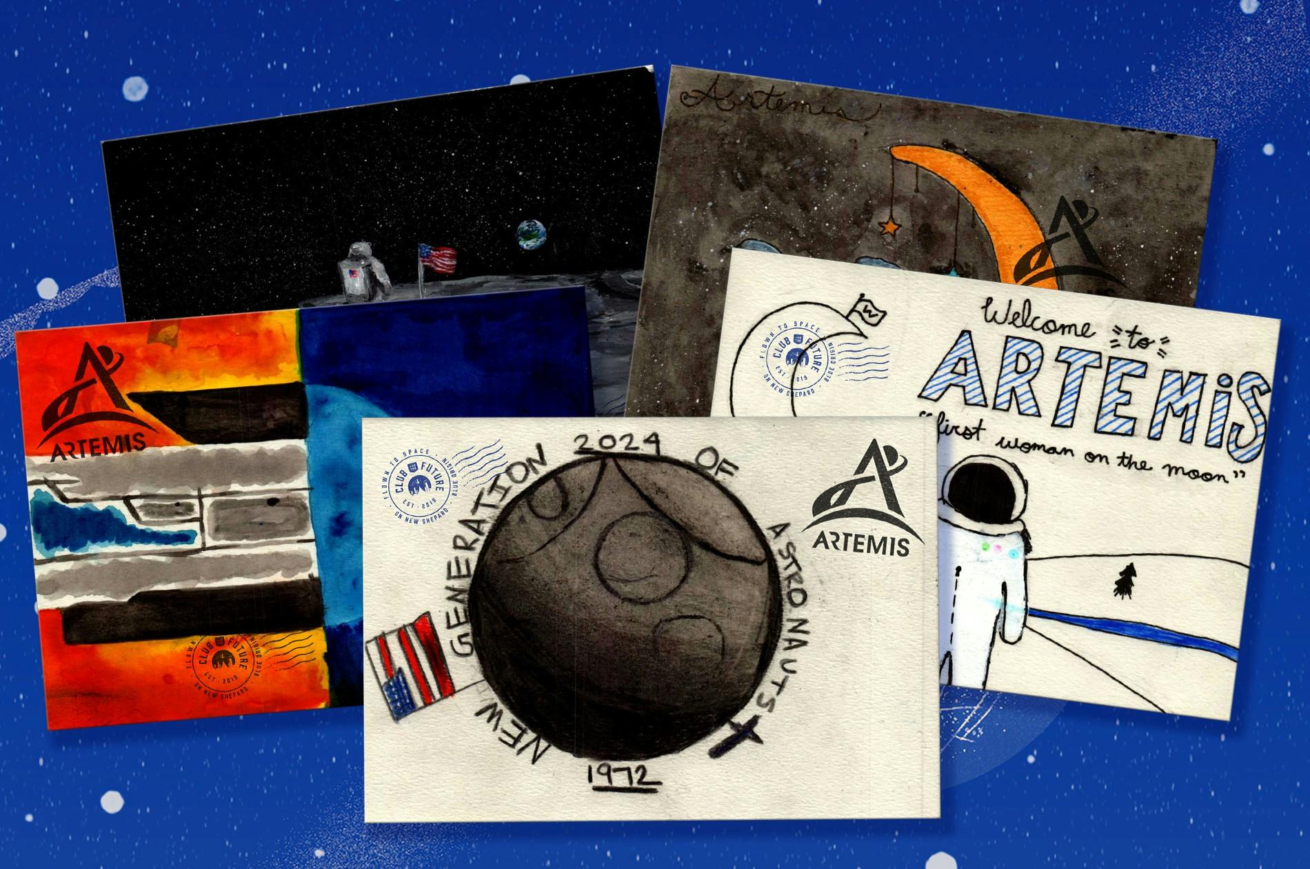 A group of submitted postcards with space-related drawings, including an astronaut and the moon