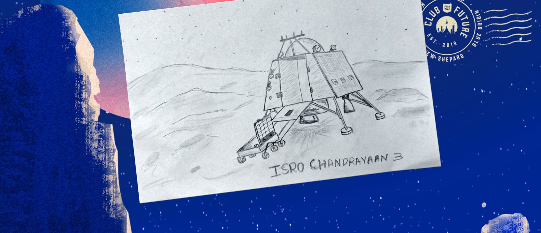 A postcard with a drawing of a lander