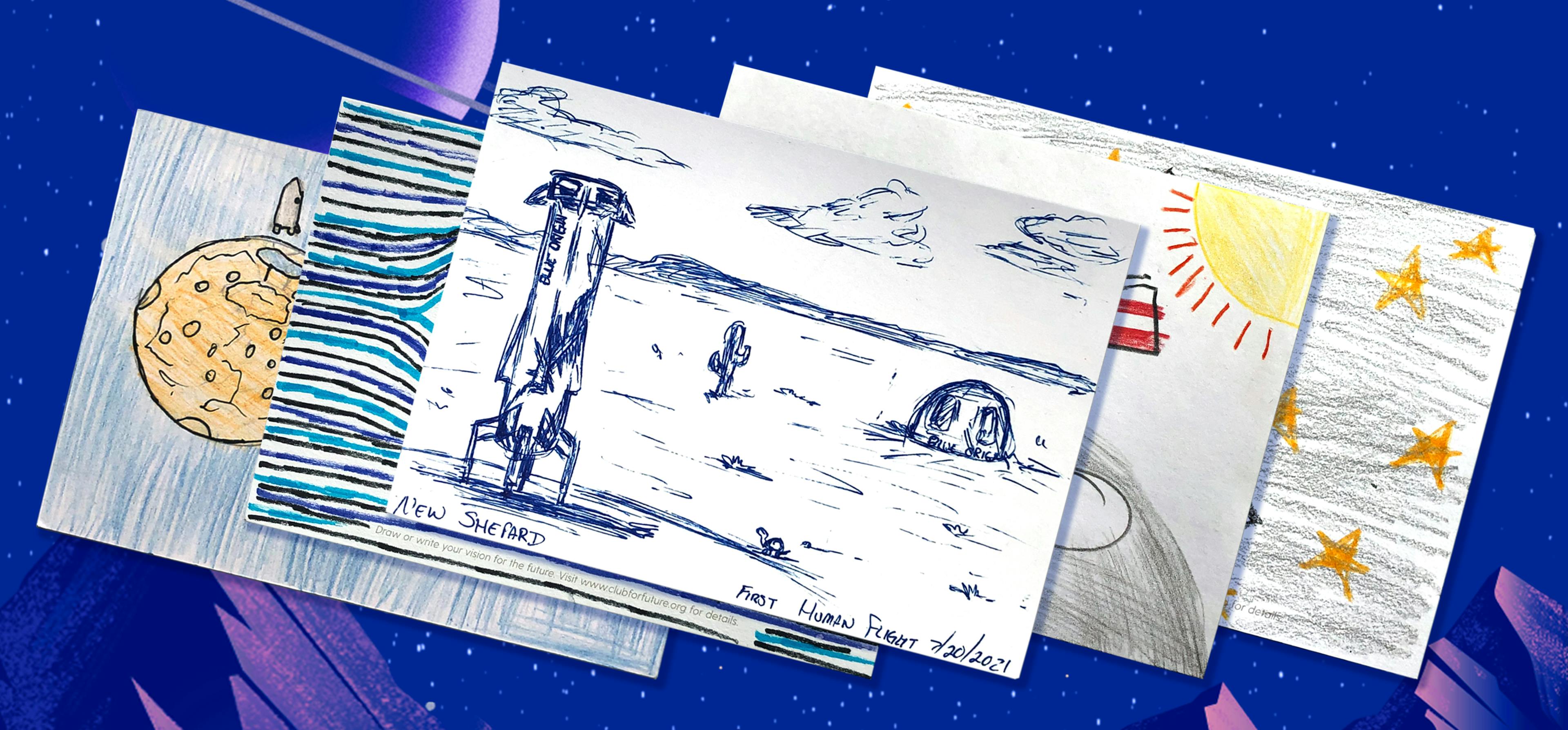 Sample postcards with space-related drawings