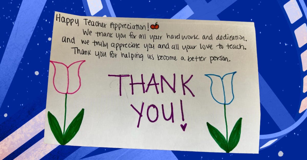 A sample postcard with a drawing of tulips and a message thanking teachers