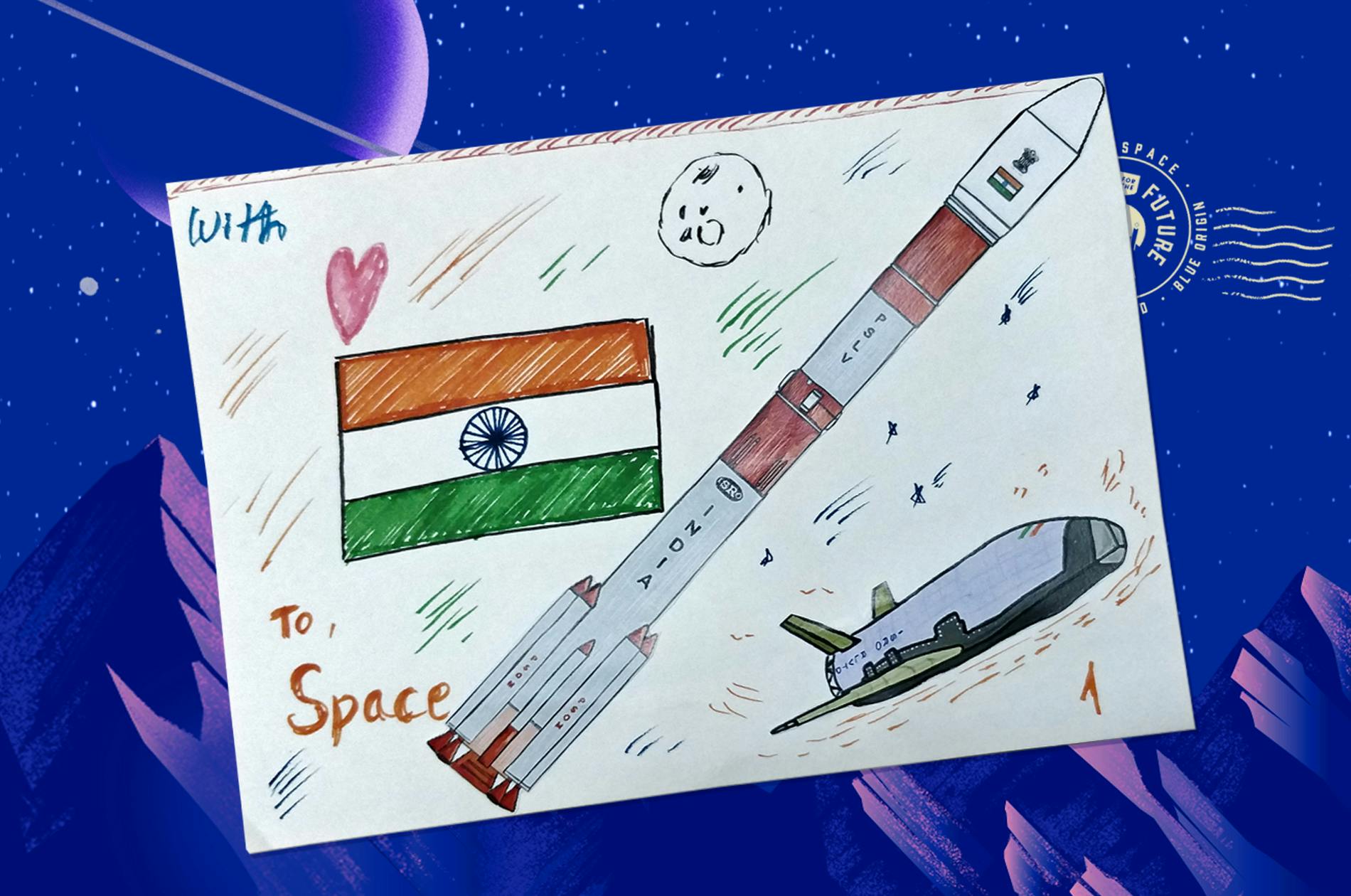 Drawn postcard featuring the Indian flag and multiple rockets